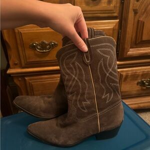 Free People Brown Heeled Boots with Western Stitching
